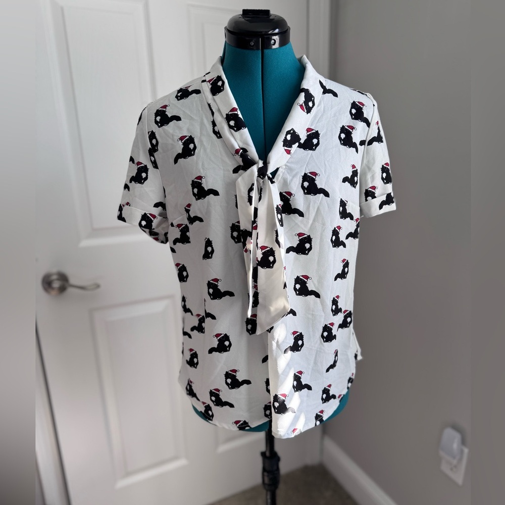 Modcloth Polished and Playful Tie-Neck Blouse-Ivory Cats